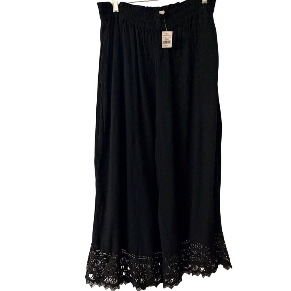 American Eagle Black Wide Leg Palazzo Pants Crochet Lace Trim XL  NWT